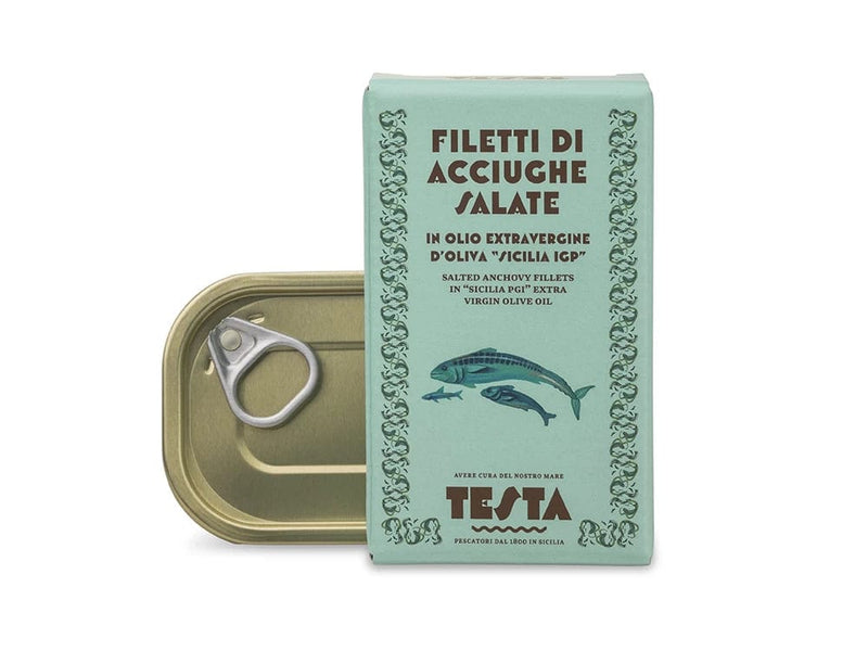 Testa Acciughe e pesci azzurri 120 gr. in olio EVO in lattina Filetti di acciughe